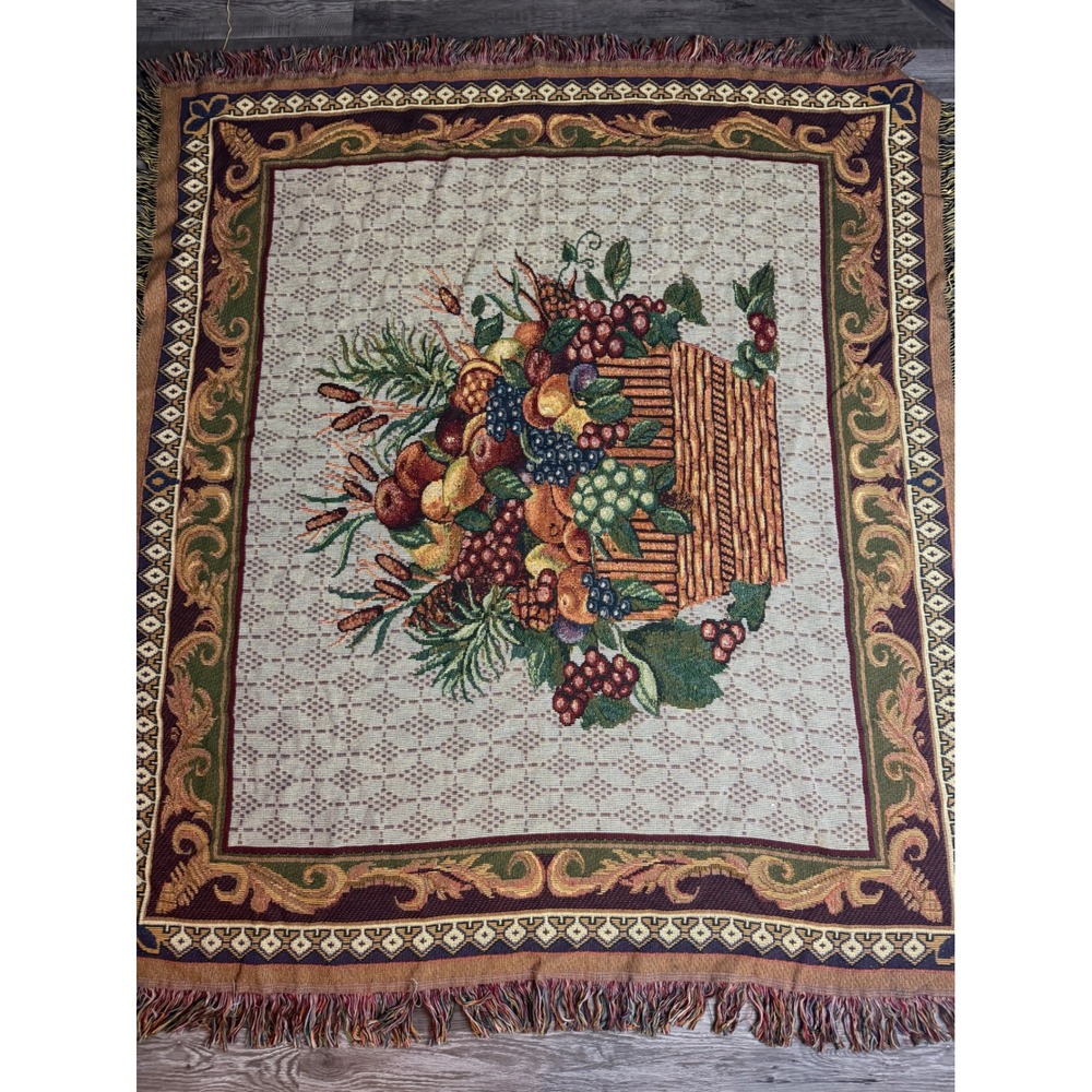 Vintage Woven Tapestry Throw Blanket Fruit Basket Cornucopia Fringed 49x38